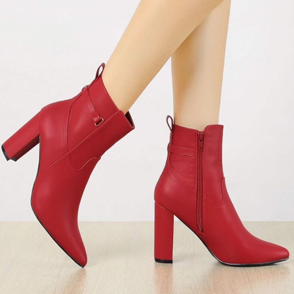 ALLEGRA K Red Leather Pointed Toe Chunky High Heels Ankle Boots Booties, 9